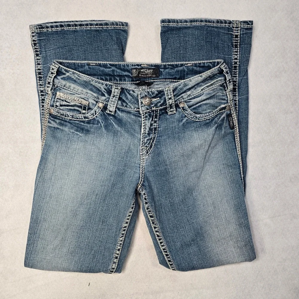 Silver Jeans Co Suki Mid Slim Bootcut Blue Denim Braided Seam W30 L33